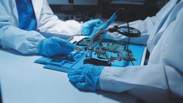 A close-up view of a technician wearing black gloves holding a computer processor chip while working on a laptop motherboard with a precision screwdriver.
