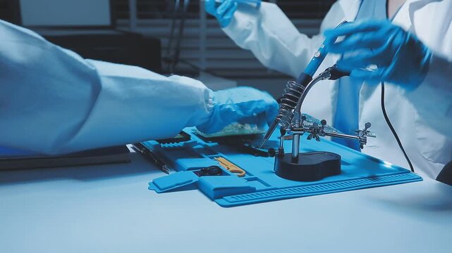 A close-up view of a technician wearing black gloves holding a computer processor chip while working on a laptop motherboard with a precision screwdriver.