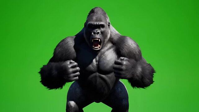 Powerful Gorilla posing aggressively on a green screen background.