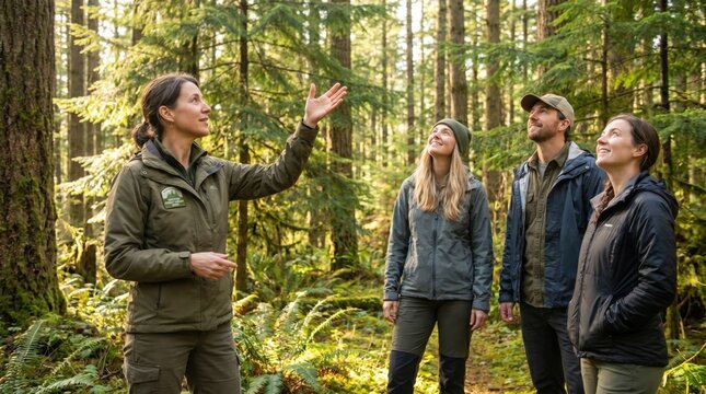 Female park ranger pointing at trees while giving a guided tour to hikers in a forest