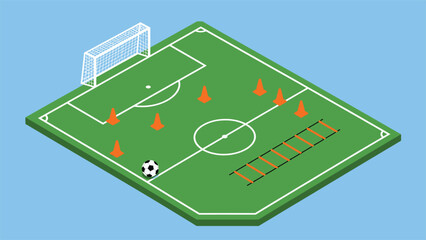 Obraz premium Isometric soccer field illustration featuring training equipment like traffic cones and an agility ladder for practice