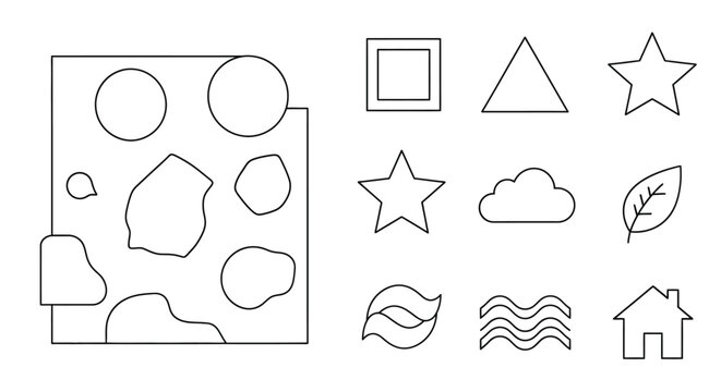Black and white illustration of various geometric and natural shapes