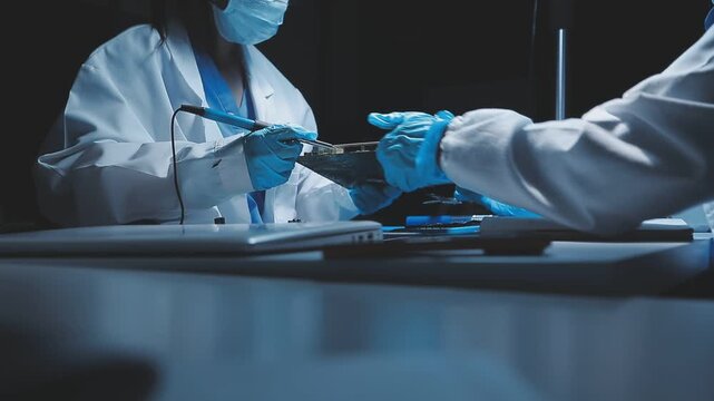 A close-up view of a technician wearing black gloves holding a computer processor chip while working on a laptop motherboard with a precision screwdriver.