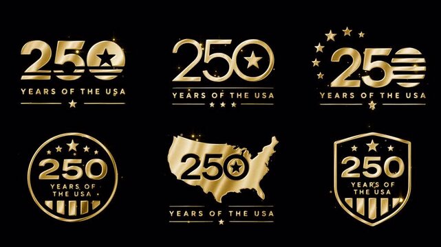 Six golden luxury logo designs celebrating 250 years of the USA. 4k Alpha channel