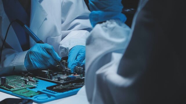 A close-up view of a technician wearing black gloves holding a computer processor chip while working on a laptop motherboard with a precision screwdriver.