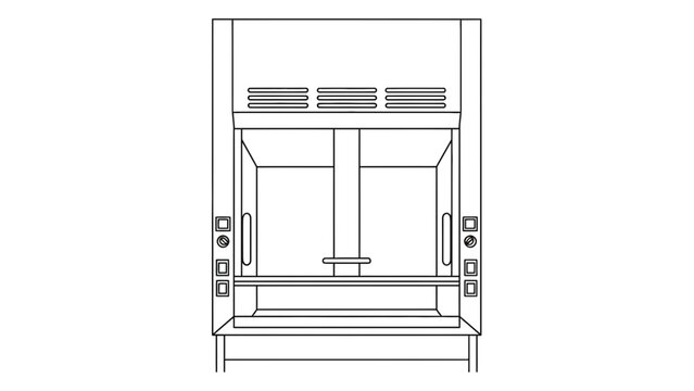 Laboratory fume hood with open sash and controls, line drawing