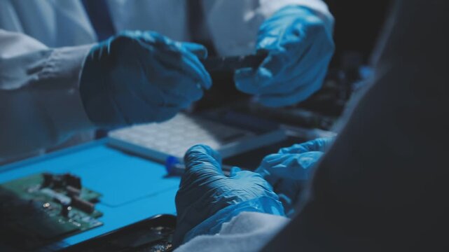 A close-up view of a technician wearing black gloves holding a computer processor chip while working on a laptop motherboard with a precision screwdriver.