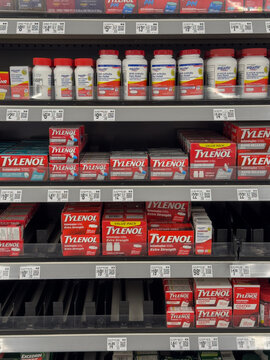 Titusville, Florida, USA, June 16, 2025: Tylenol rapid-release acetaminophen on the shelf at Walmart Supercenter in Titusville. Walmart's medicine section and prices are front-facing.