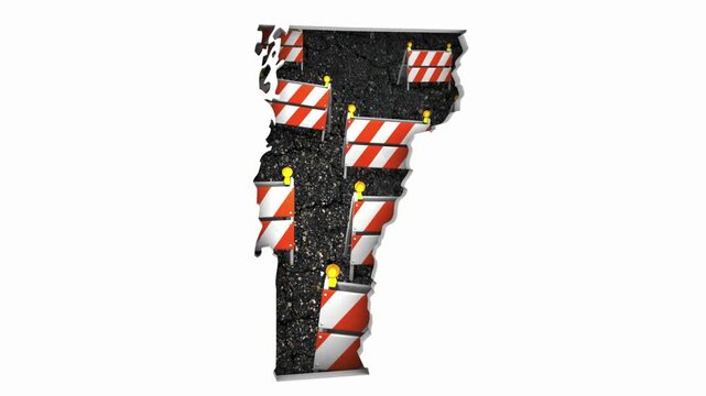 Vermont VT State Map Road Construction Project Traffic Signs Barriers Barricades 3d Animation