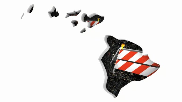 Hawaii HI State Map Road Construction Project Traffic Signs Barriers Barricades 3d Animation