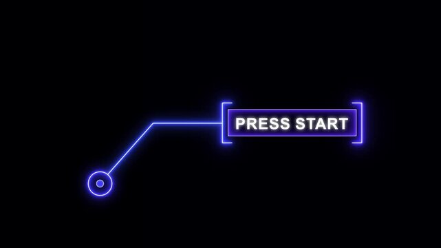 Advanced blue HUD callout animation featuring press start text on a black background for futuristic gaming menu interfaces, interactive tech displays, and digital play buttons.