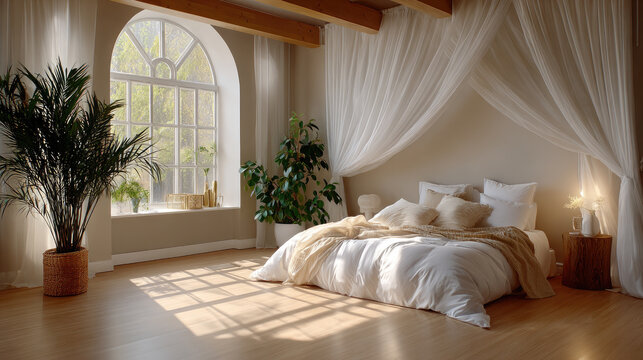 Bright, airy bedroom with a cozy bed draped in a romantic canopy, soft textiles, green plants and wood furniture, arched window flooding light onto pale wooden floors