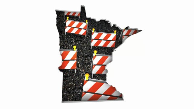 Minnesota MN State Map Road Construction Project Traffic Signs Barriers Barricades 3d Animation
