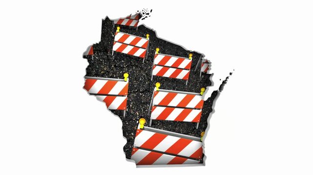 Wisconsin WI State Map Road Construction Project Traffic Signs Barriers Barricades 3d Animation