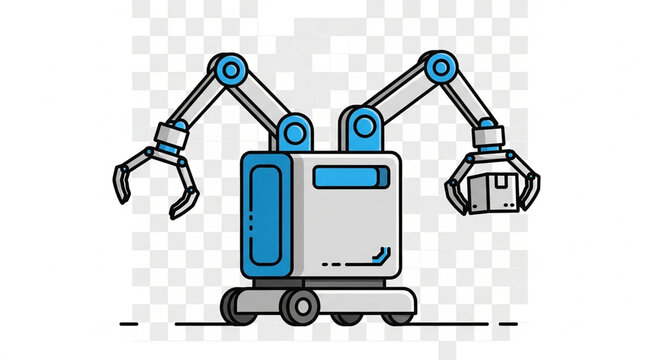 Industrial robotic arm machine handling small cargo package in factory setting