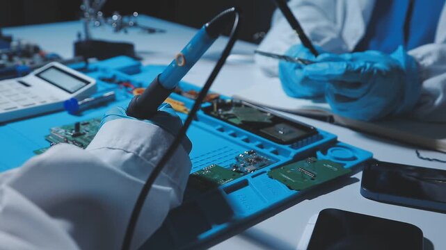 A close-up view of a technician wearing black gloves holding a computer processor chip while working on a laptop motherboard with a precision screwdriver.