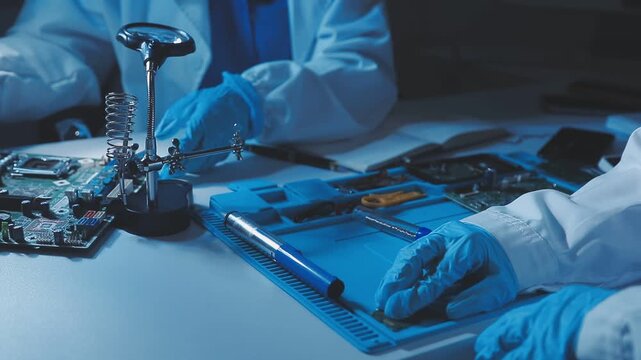A close-up view of a technician wearing black gloves holding a computer processor chip while working on a laptop motherboard with a precision screwdriver.