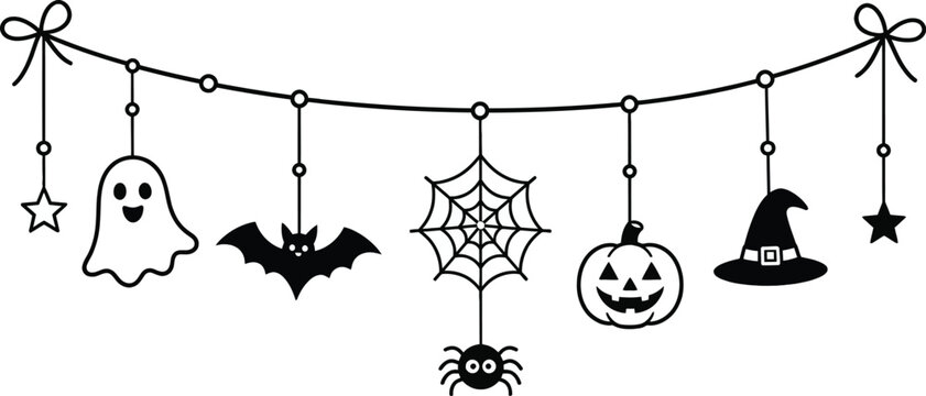 Cute Halloween Garland Bunting hanging Decoration Line Art