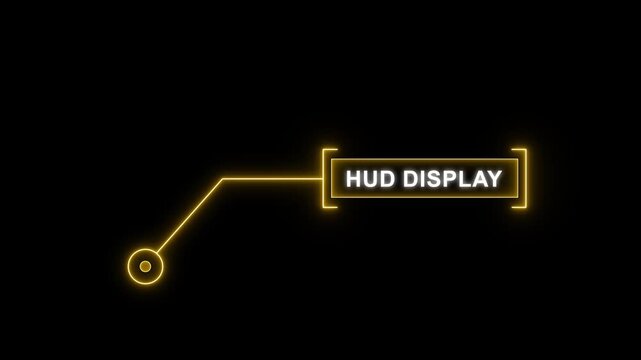 Yellow digital HUD callout animation featuring HUD display text with glowing neon lines for futuristic technology interface design, data visualization, and tech dashboards.
