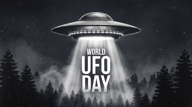 World UFO Day Monochrome Poster with Hovering Flying Saucer Beam Over Dark Forest Night