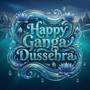 Blue water themed happy ganga dussehra text with golden lotus flowers and intricate patterns