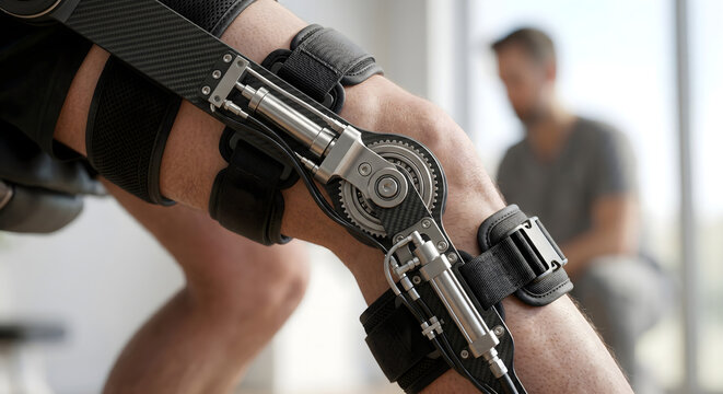 Advanced robotic exoskeleton brace attached to human knee for support and mobility assistance rehabilitation.