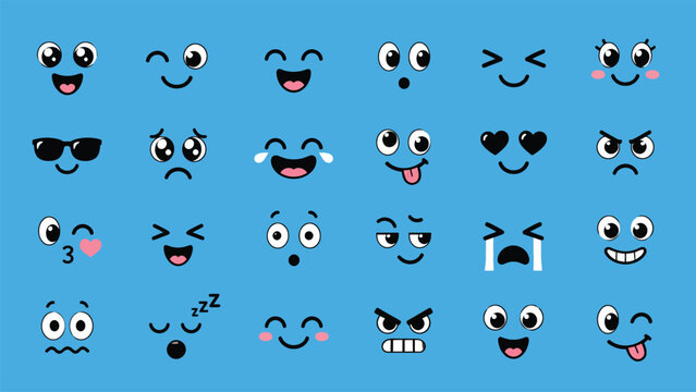 Cute Cartoon Emoticon Faces Set with Diverse Expressions