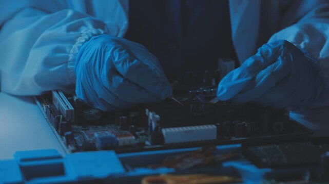 A close-up view of a technician wearing black gloves holding a computer processor chip while working on a laptop motherboard with a precision screwdriver.