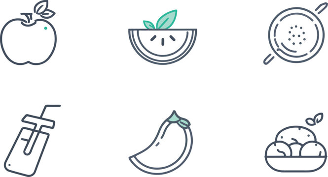Healthy organic fruits and vegan food nutrition thin line icons set with fresh apple watermelon slice citrus juice and vegetable snack symbols
