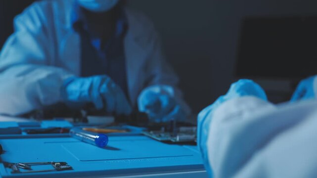 A close-up view of a technician wearing black gloves holding a computer processor chip while working on a laptop motherboard with a precision screwdriver.