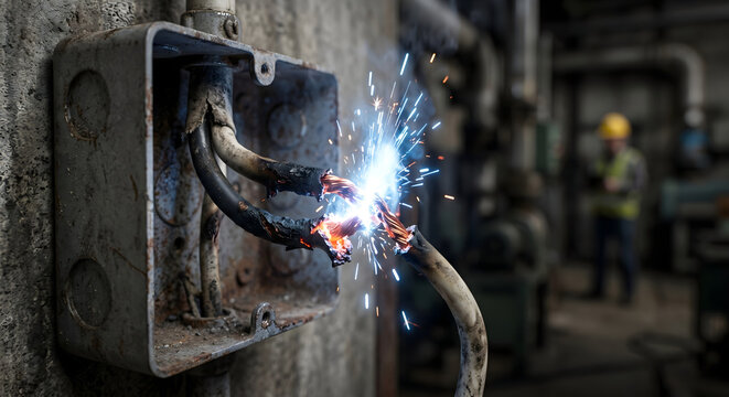 Damaged electrical wires sparking with bright blue and orange flames in rusty metal junction box worker.