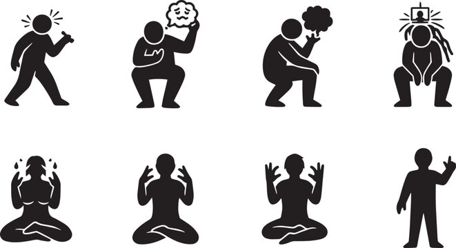 Psychological stress overload mental depression and emotional anxiety burnout solid glyph icons set with confused human stick figures sitting in panic and meditation relief symbols