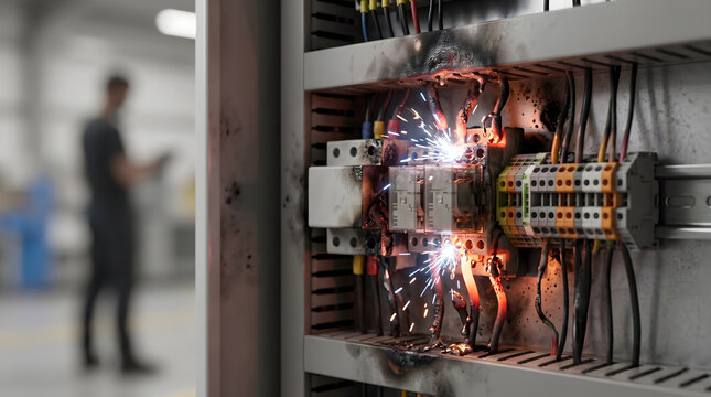 Electrical panel terminal block experiencing massive short circuit failure causing bright blue sparks and burnt wires.