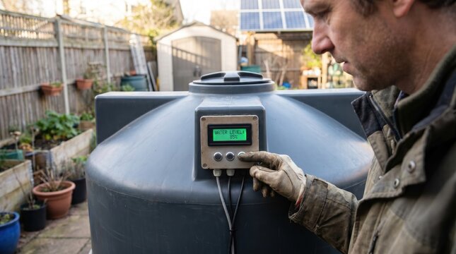 Man checking the digital water level display on a large rainwater harvesting tank in a garden