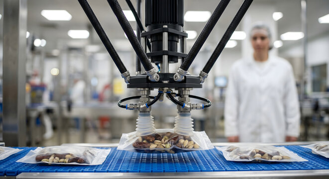 High speed delta robot picking and packing dried fruits and nuts into vacuum sealed pouches on blue industrial conveyor.