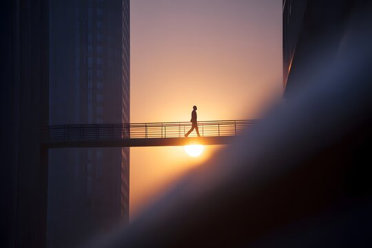 Wide shot of a human silhouette walking on a connecting bridge between corporate towers with a bright sun low in the sky