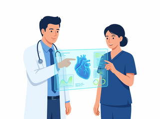 Obraz premium This image portrays two medical professionals discussing heart health using a digital display, emphasizing the importance of healthcare collaboration and technology.