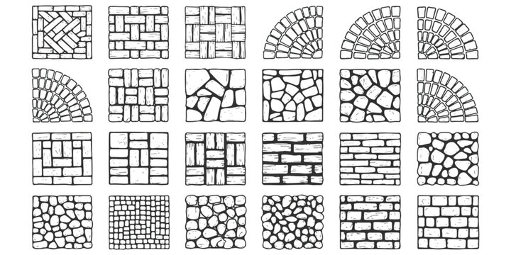 Set of various stone and brick paving patterns for garden path or floor construction design
