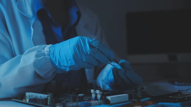 A close-up view of a technician wearing black gloves holding a computer processor chip while working on a laptop motherboard with a precision screwdriver.
