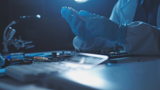A close-up view of a technician wearing black gloves holding a computer processor chip while working on a laptop motherboard with a precision screwdriver.