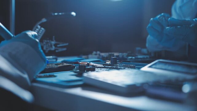 A close-up view of a technician wearing black gloves holding a computer processor chip while working on a laptop motherboard with a precision screwdriver.