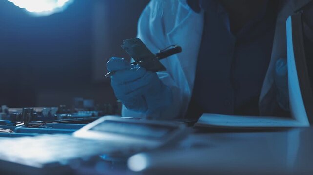 A close-up view of a technician wearing black gloves holding a computer processor chip while working on a laptop motherboard with a precision screwdriver.