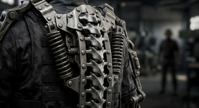 Innovative exoskeleton design for enhanced human strength and support, intricate metal structure with springs and rivets.
