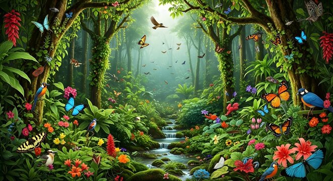 A vibrant, enchanted forest teeming with life. Butterflies flutter among lush foliage, a clear stream meanders through, and exotic flowers bloom. Sunlight filters through the trees.