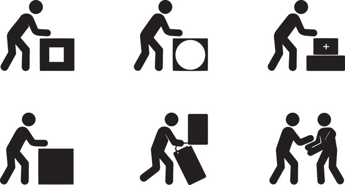 Logistics warehouse operations inventory management and manual package handling solid glyph icons set with worker lifting boxes parcel delivery loading heavy goods and supply chain distribution symbol