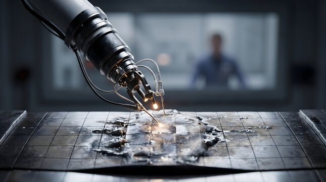Precision robotic micro welding system repairing metal surface in high tech clean room for advanced electronics assembly.
