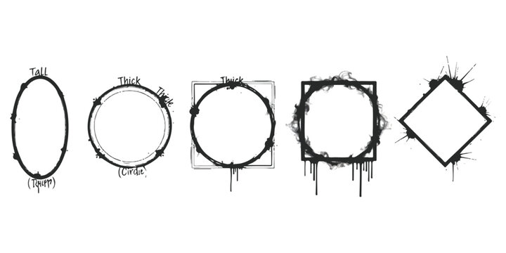 Set of black ink drip frames with different geometric shapes and hand drawn messy lines