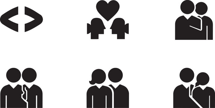 Romantic relationship corporate human resources and couple connection solid glyph icons set with love heart partners hugging and family team symbols