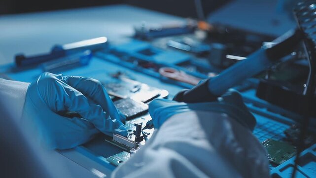 A close-up view of a technician wearing black gloves holding a computer processor chip while working on a laptop motherboard with a precision screwdriver.