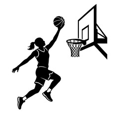 Female Basketball Player Layup Silhouette Vector, Woman Athlete Jumping to Hoop © Vector Saga